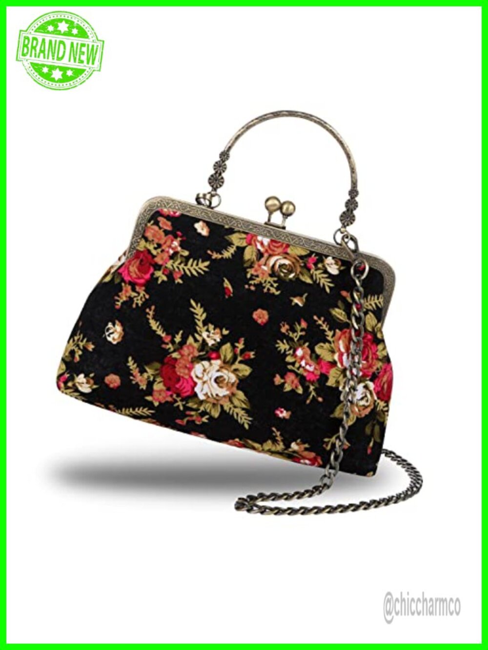 Kiss Lock Floral Top-Handle Clutch Evening Bag Vintage Purse